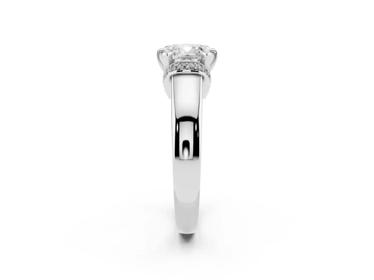 Cushion Cut Solitaire Diamond Ring with Pave Band and Six-Prong Setting Silver