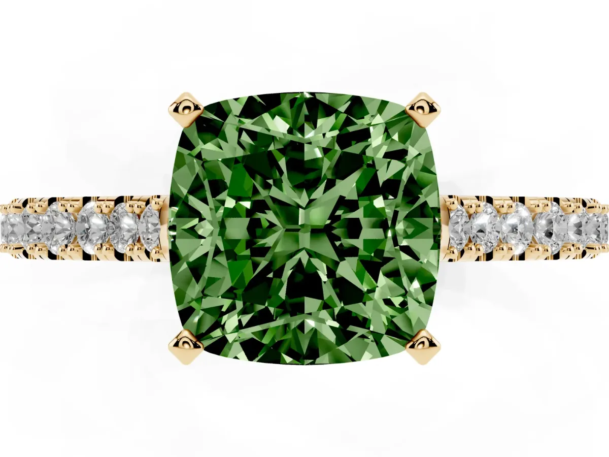 Fancy Green Cushion Cut Cut Solitaire Diamond Engagement Ring with Pave Band and Four-Prong Setting Yellow gold