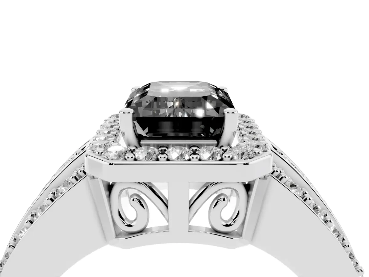Fancy Black Emerald Cut Halo Diamond Ring with Round Split Shank and Prong Setting Platinum