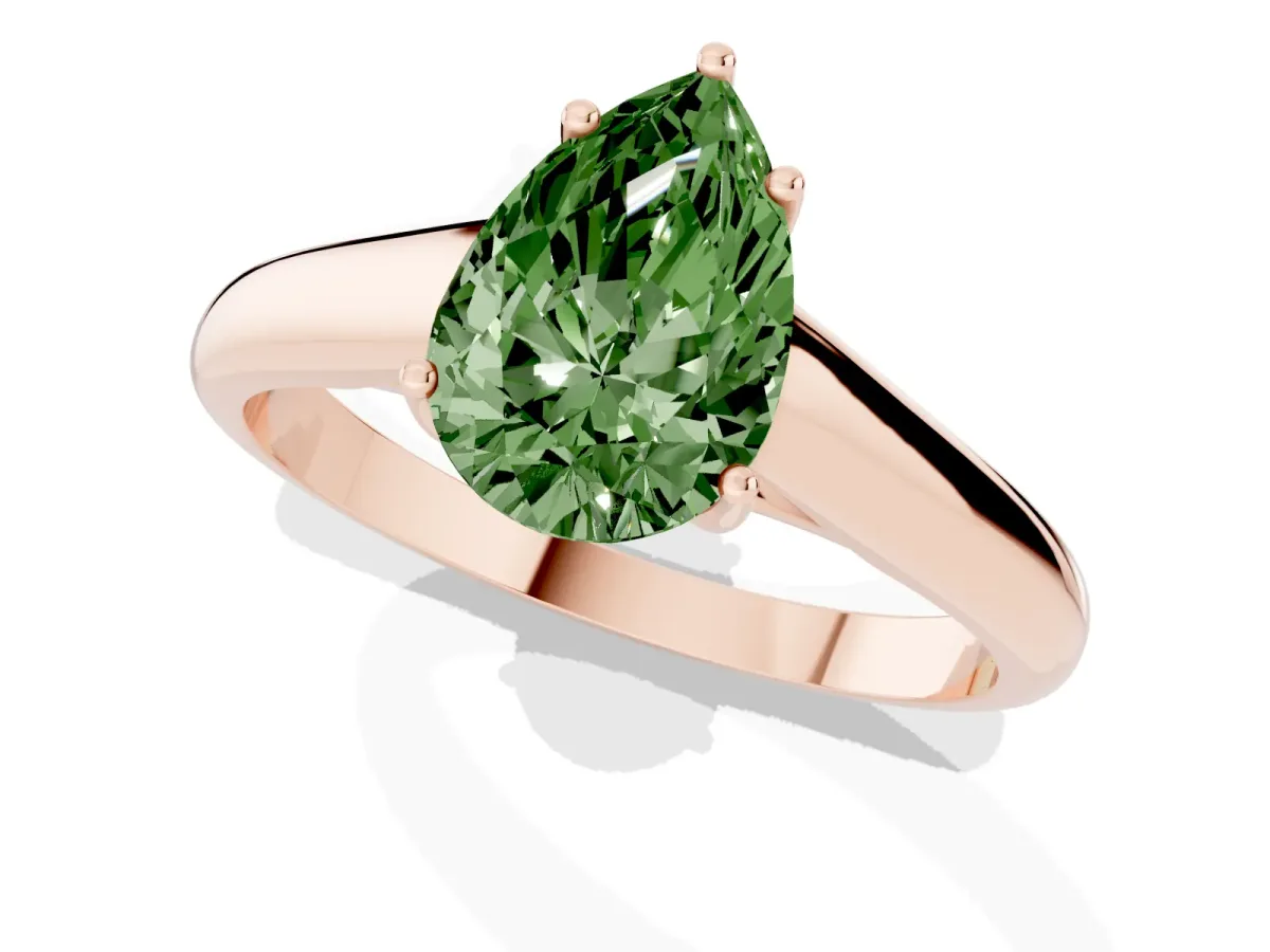Fancy Green Pear Cut Solitaire Engagement Ring with Tapered Band and Four-Prong Setting Rose gold