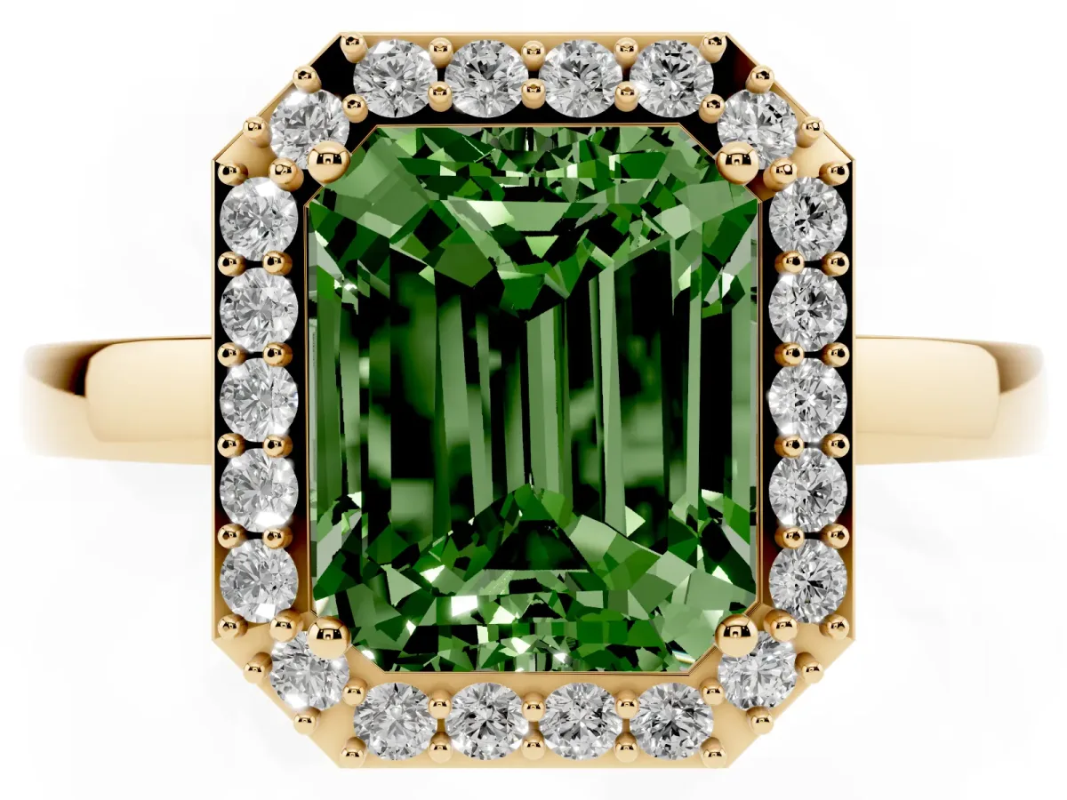Fancy Green Radiant Cut Halo Diamond Ring with Solitaire Band and Prong Setting Yellow gold