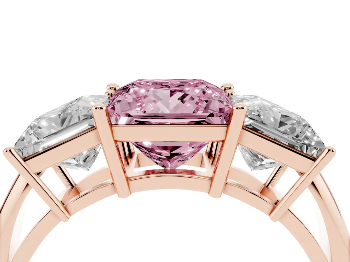 Fancy Pink Three-Stone Princess Cut Cut Diamond Engagement Ring with Prong Setting on a White Gold Band Rose gold