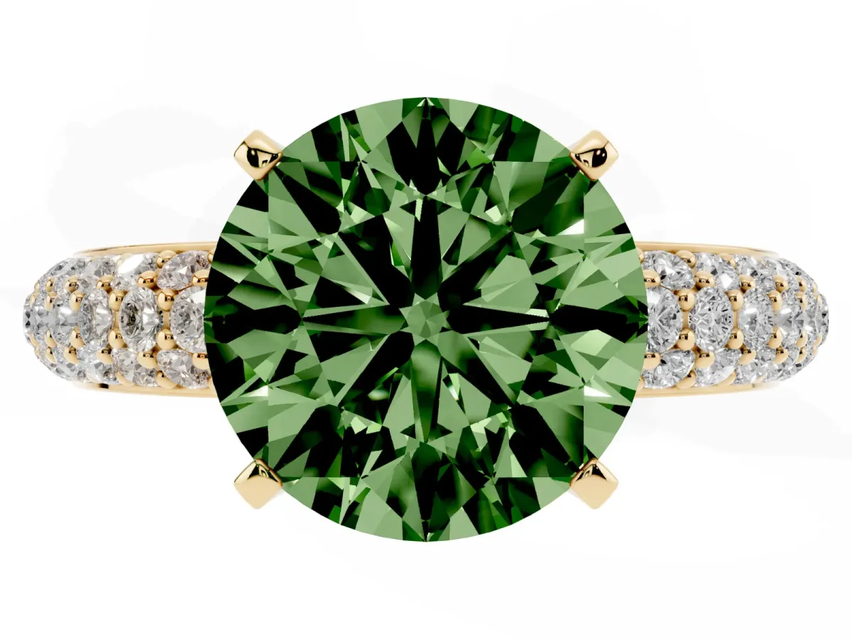 Fancy Green Round Cut Diamond Solitaire Ring with Prong Setting and Pavé Band Yellow gold