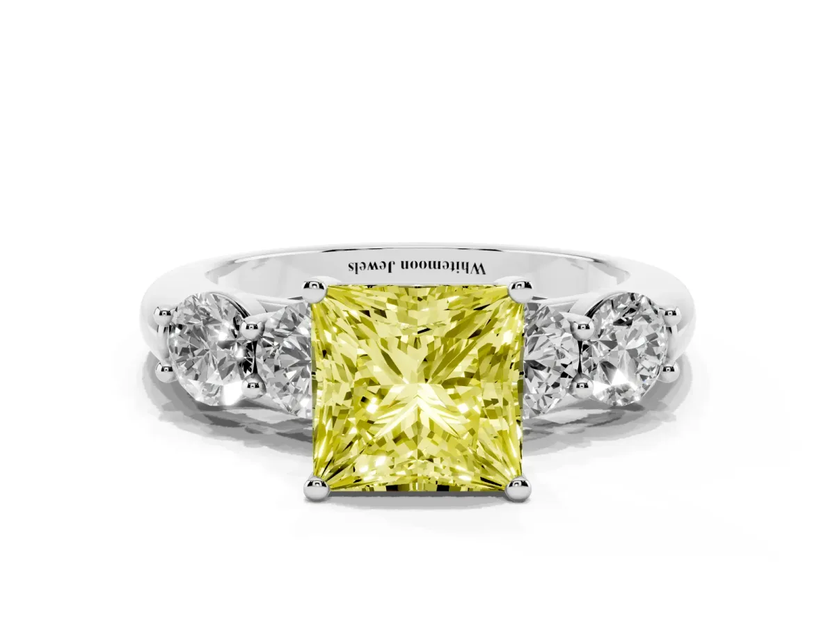 Fancy Yellow Princess Cut Cut Five-Stone Prong Set Diamond Ring with Classic Band Silver