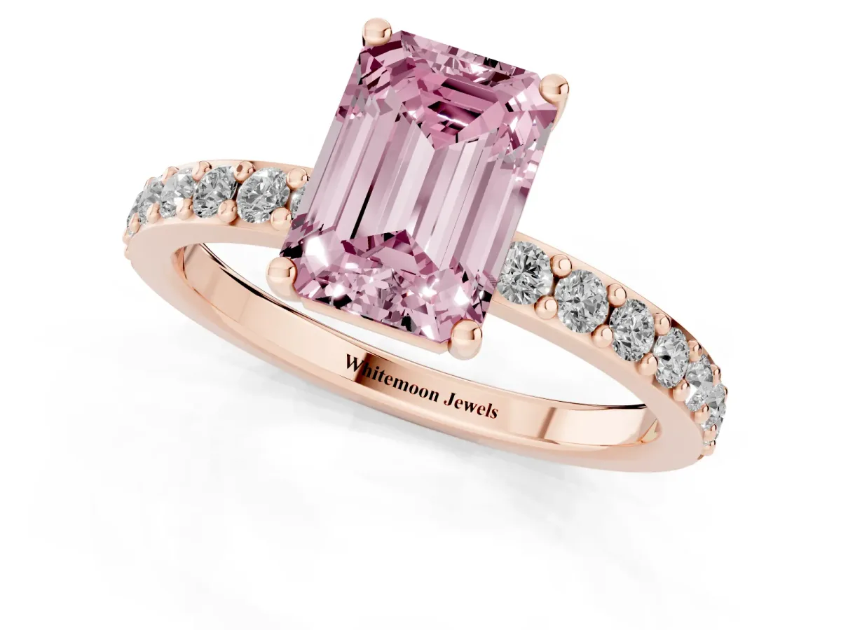 Fancy Pink Emerald Cut Cut Diamond Solitaire with Pave Band and Four-Prong Setting Rose gold