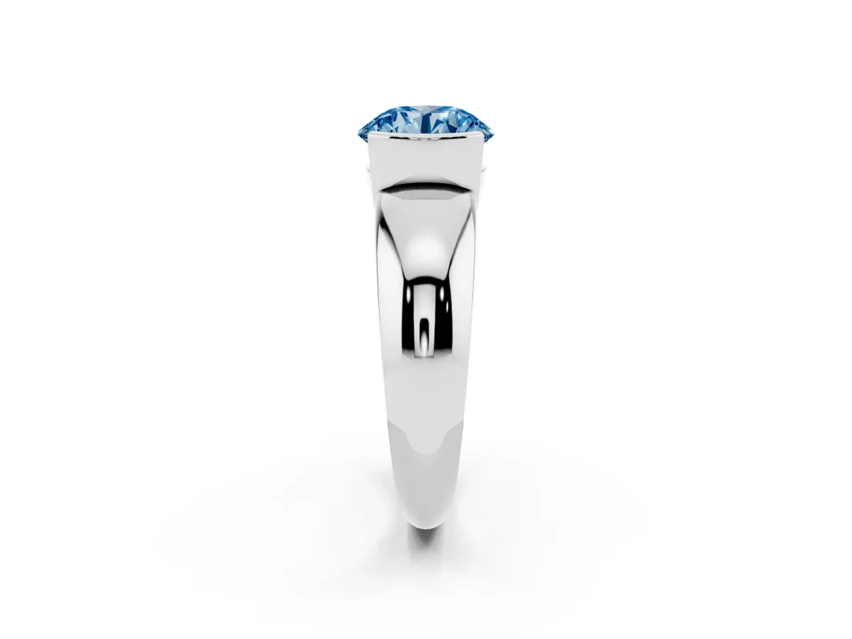 Fancy Blue Round Cut Solitaire Tension Set Diamond Ring with Wide Band Silver