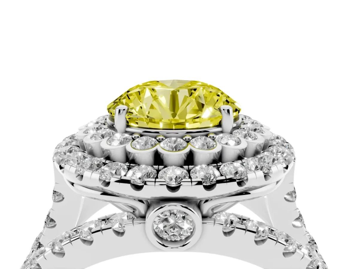 Fancy Yellow Round Cut Diamond Double Halo Ring with Round Pavé Split Shank and Prong Setting Silver
