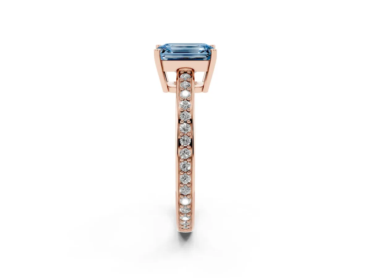 Fancy Blue Emerald Cut Solitaire Pavé Band Prong Setting Ring Rose gold