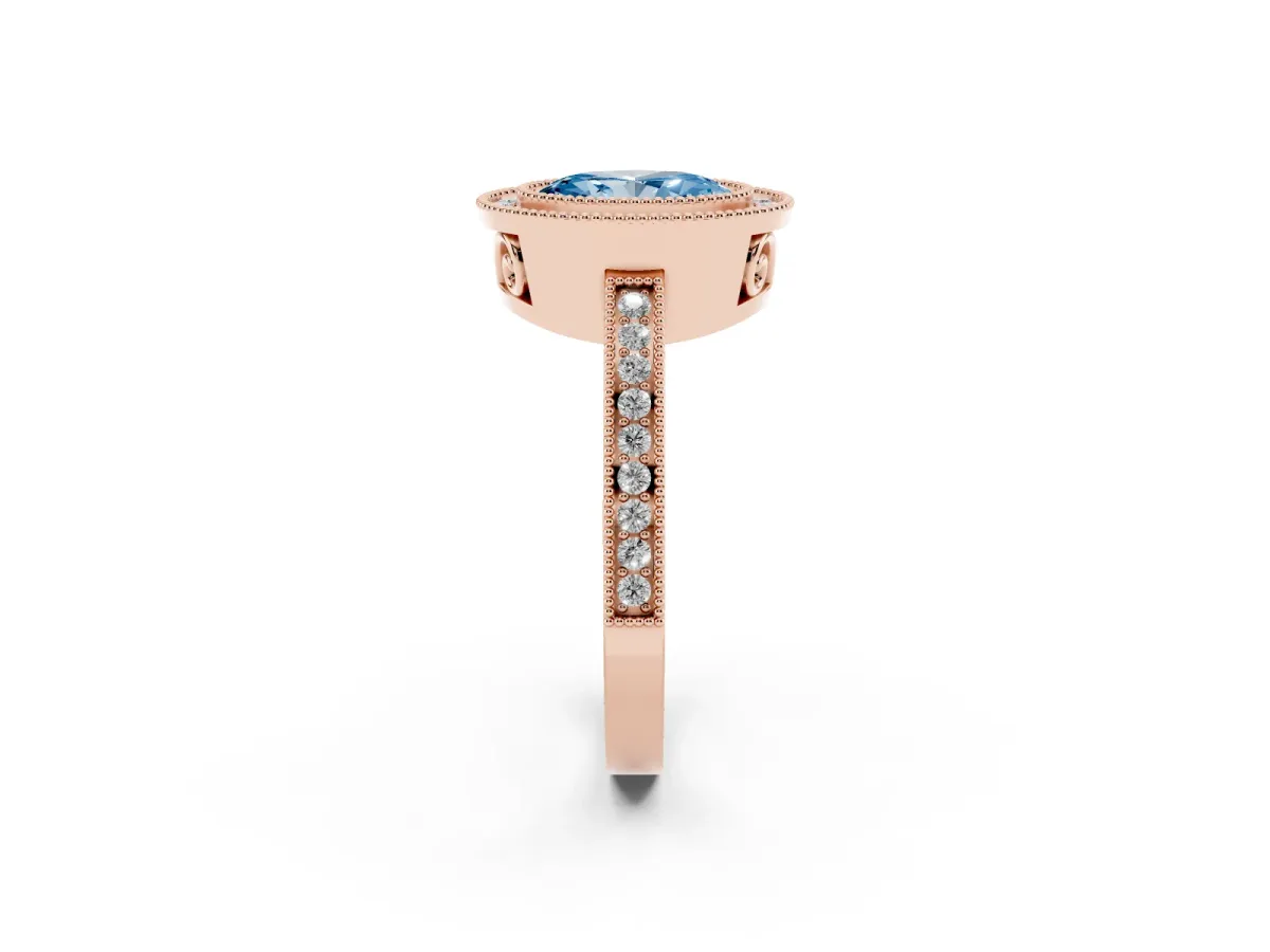 Fancy Blue Oval Cut Cut Halo Diamond Ring with Pavé Band and Milgrain Prong Setting Rose gold