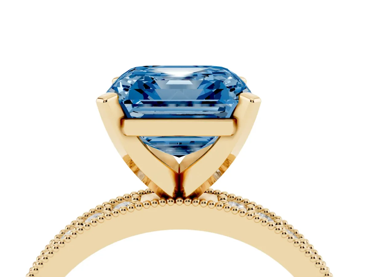Fancy Blue Asscher Cut Diamond Milgrain Pavé Engagement Ring with Four-Prong Setting Yellow gold