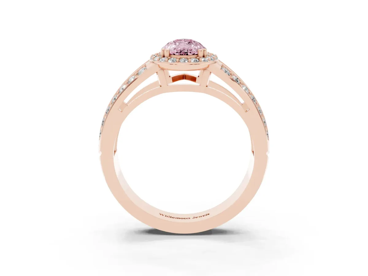 Fancy Pink Pear Cut Diamond Halo Ring with Split Shank Pavé Band and Four-Prong Setting Rose gold