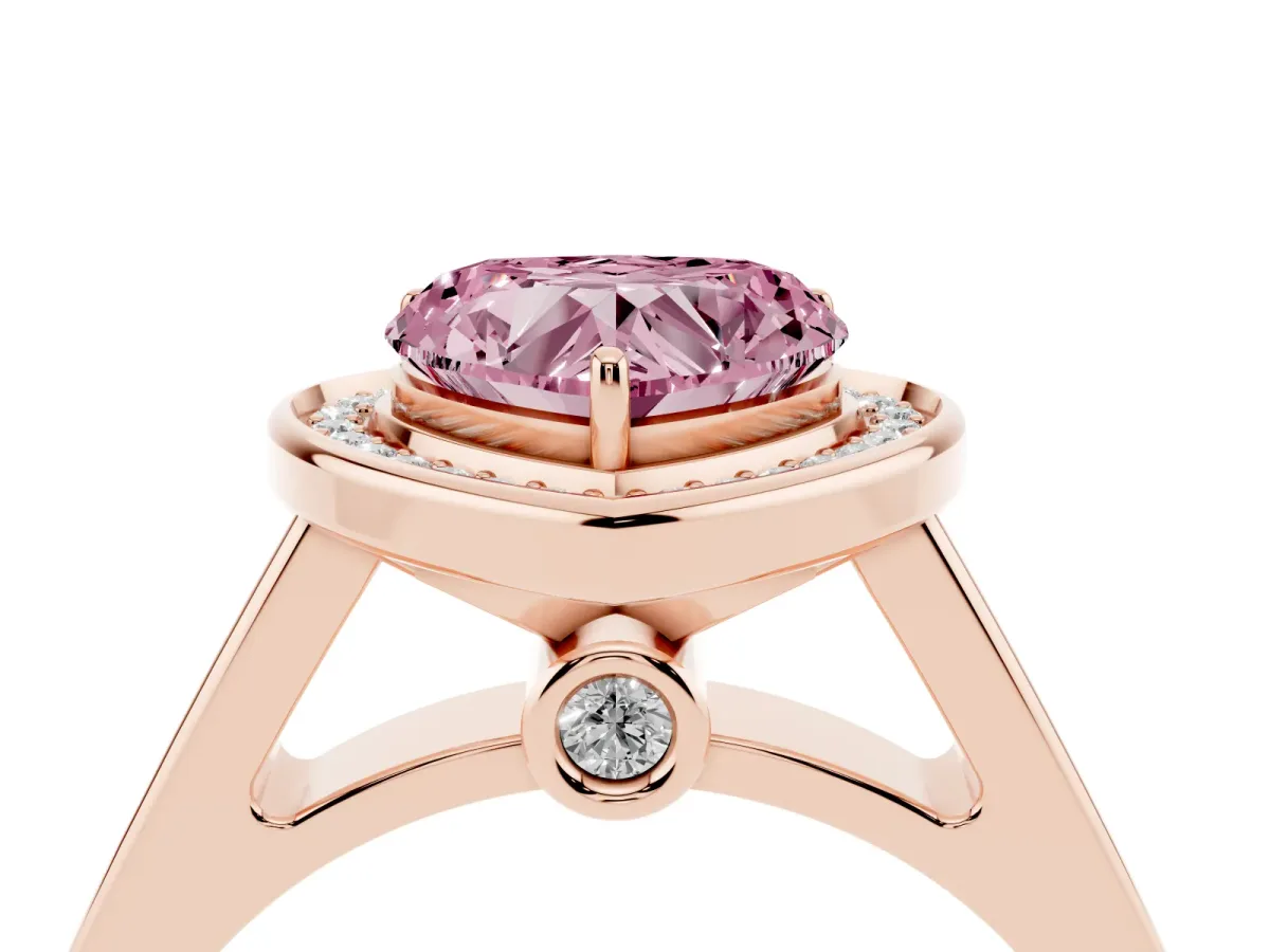 Fancy Pink Heart Cut Halo Solitaire Diamond Ring with Pave Band and Bezel Setting Rose gold