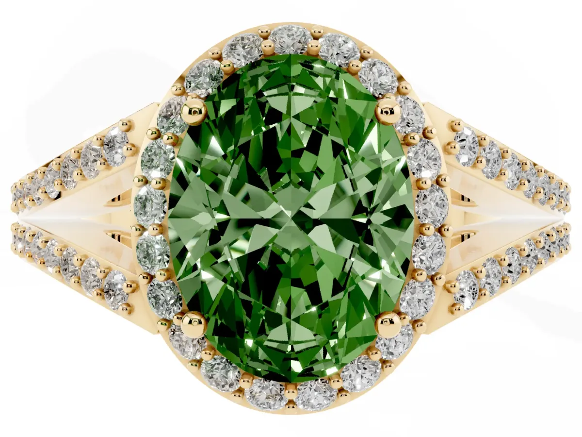 Fancy Green Oval Cut Halo Split Shank Diamond Ring with Prong Setting Yellow gold
