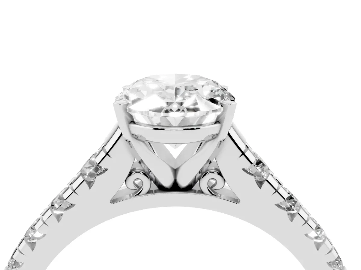 Oval Cut Diamond Cathedral Solitaire Ring with Round Pavé Band Silver