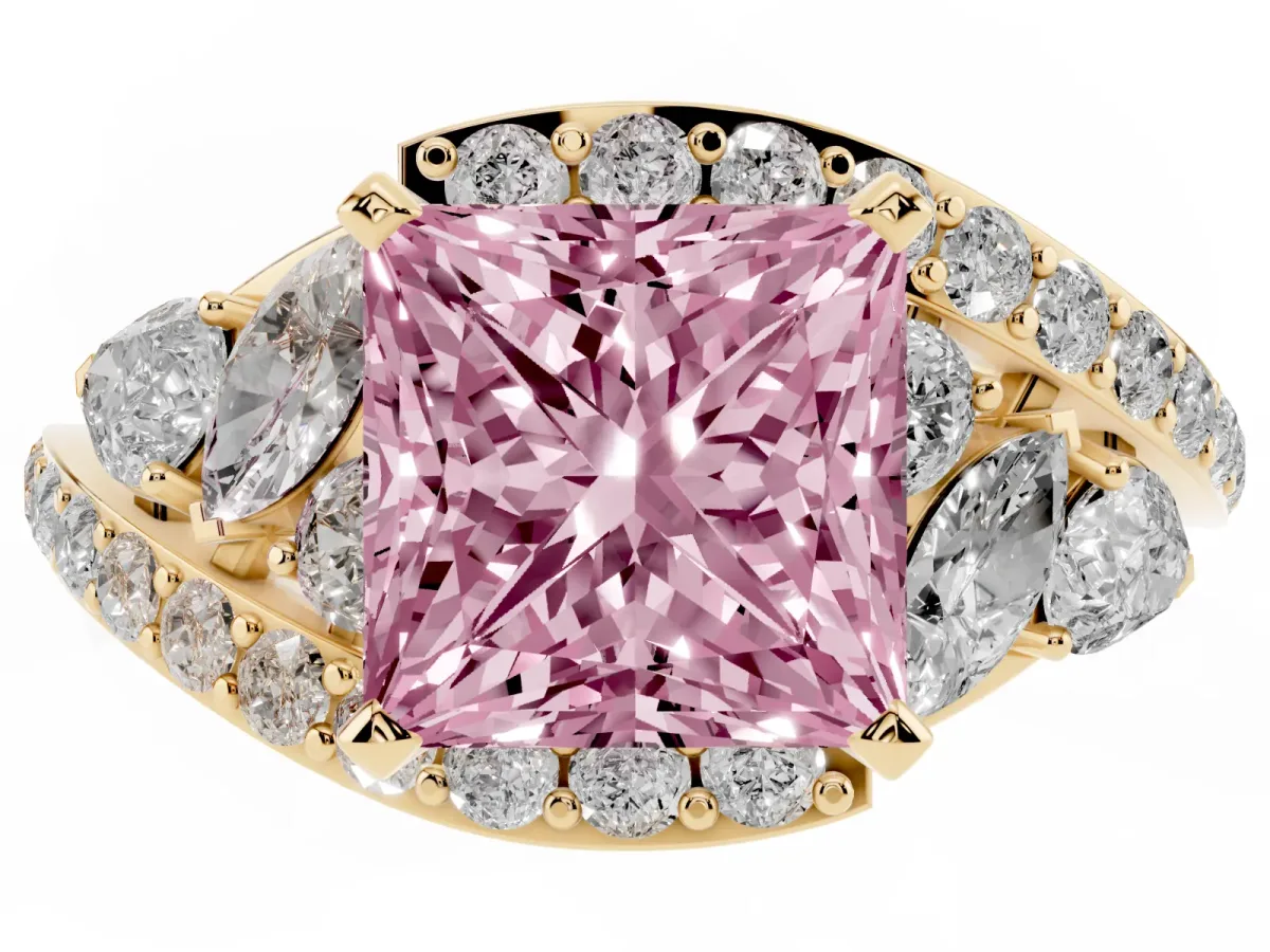 Fancy Pink Princess Cut Diamond Halo Ring with Marquise and Pavé Band in Prong Setting Yellow gold