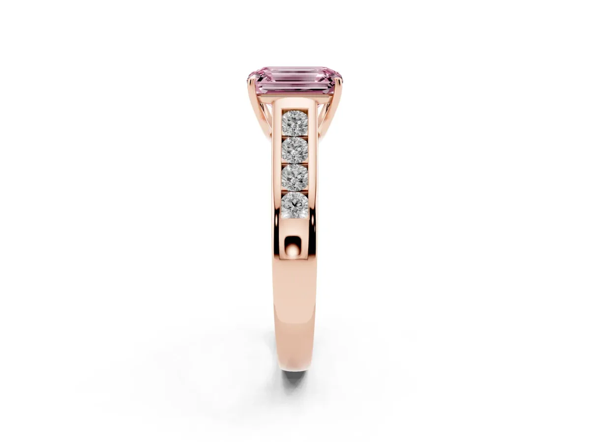 Fancy Pink Emerald Cut Brilliant Channel-Set Solitaire Ring with Four-Prong Setting Rose gold