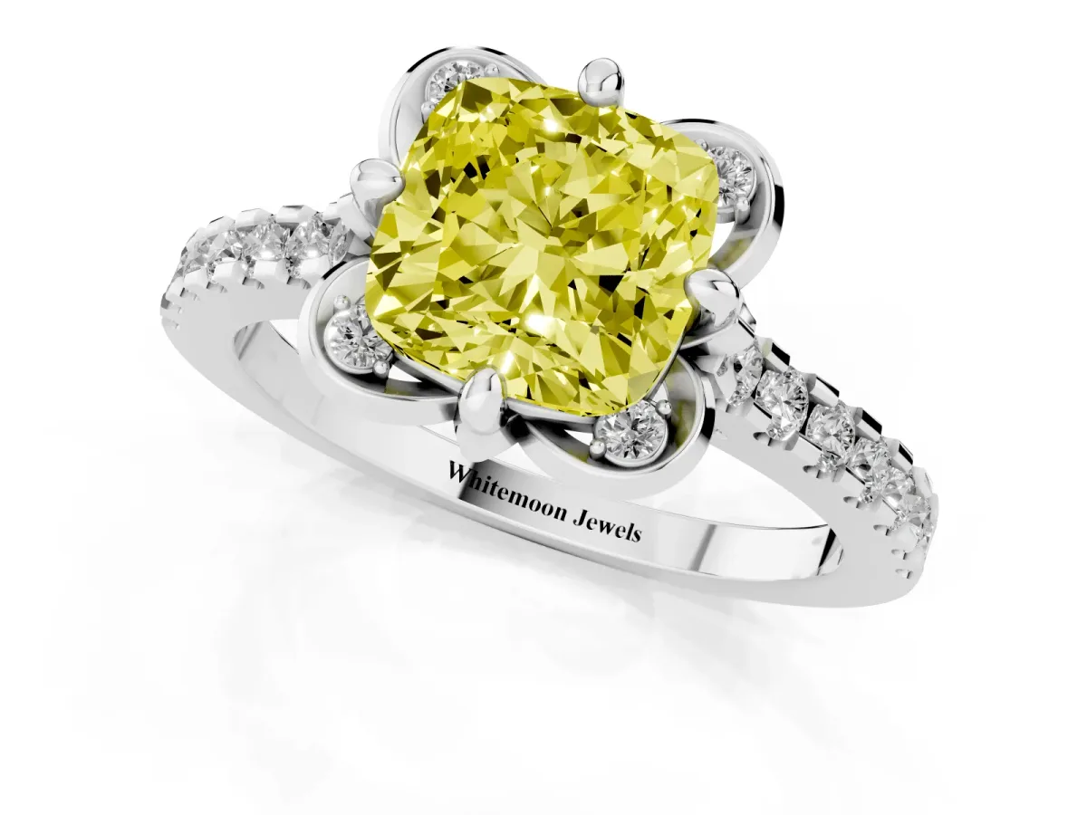 Fancy Yellow Cushion Cut Diamond Ring with Pavé Band and Floral Prong Setting White gold