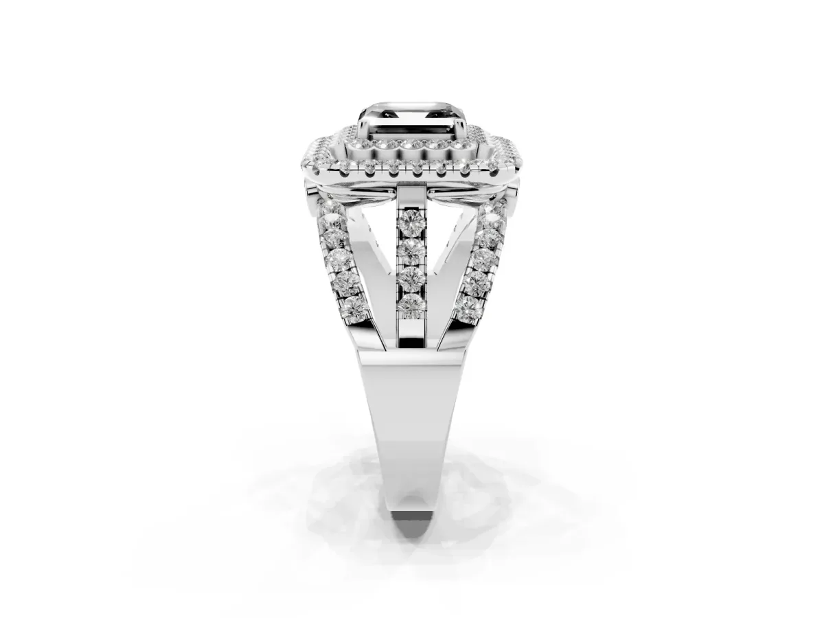 Fancy Black Asscher Cut Diamond Double Halo Ring with Round Pavé Split Shank and Prong Setting Silver