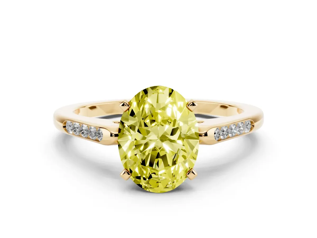 Fancy Yellow Oval Cut Diamond Solitaire Ring with Channel Set Round Band and Prong Setting Yellow gold