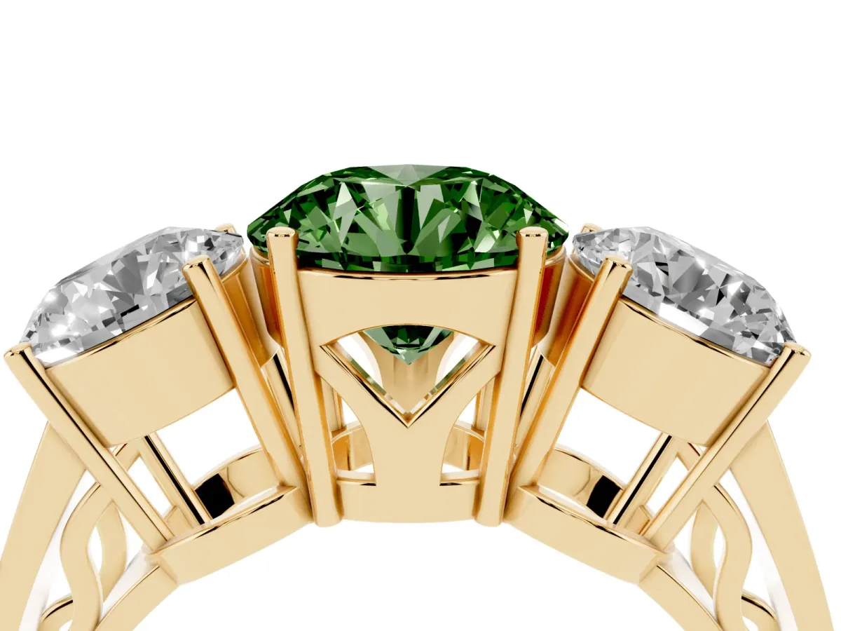 Fancy Green Round Cut Diamond Three-Stone Ring with Prong Setting and Textured Band Yellow gold