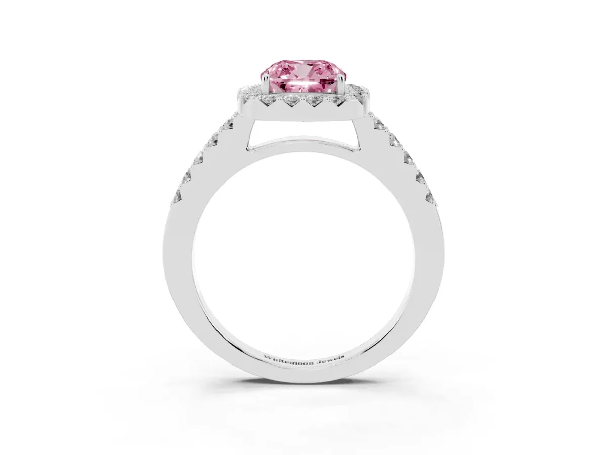 Fancy Pink Cushion Cut Halo Diamond Pavé Solitaire Ring Platinum