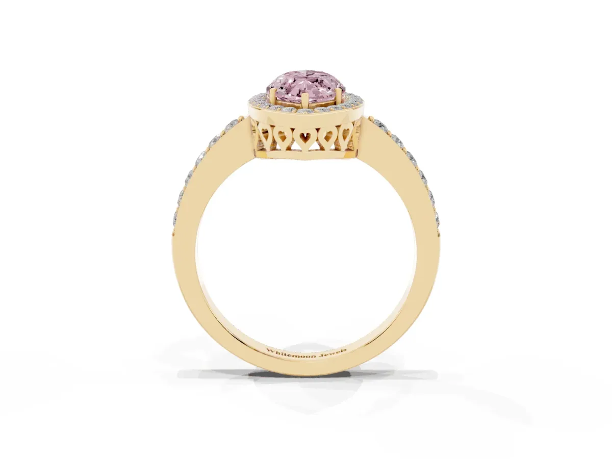 Fancy Pink Marquise Cut Halo Diamond Pavé Band Ring with Prong Setting Yellow gold