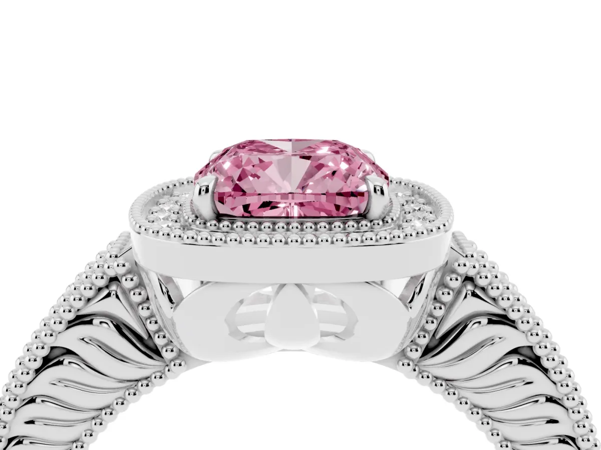 Fancy Pink Cushion Cut Cut Halo Diamond Ring with Pavé Band and Four-Prong Setting Platinum