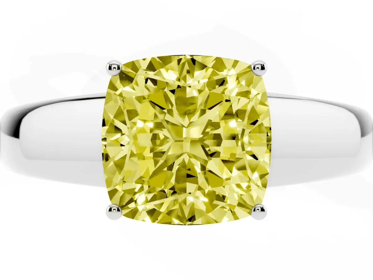 Fancy Yellow Cushion Cut Solitaire Diamond Ring with Tapered Band and Four-Prong Setting Silver