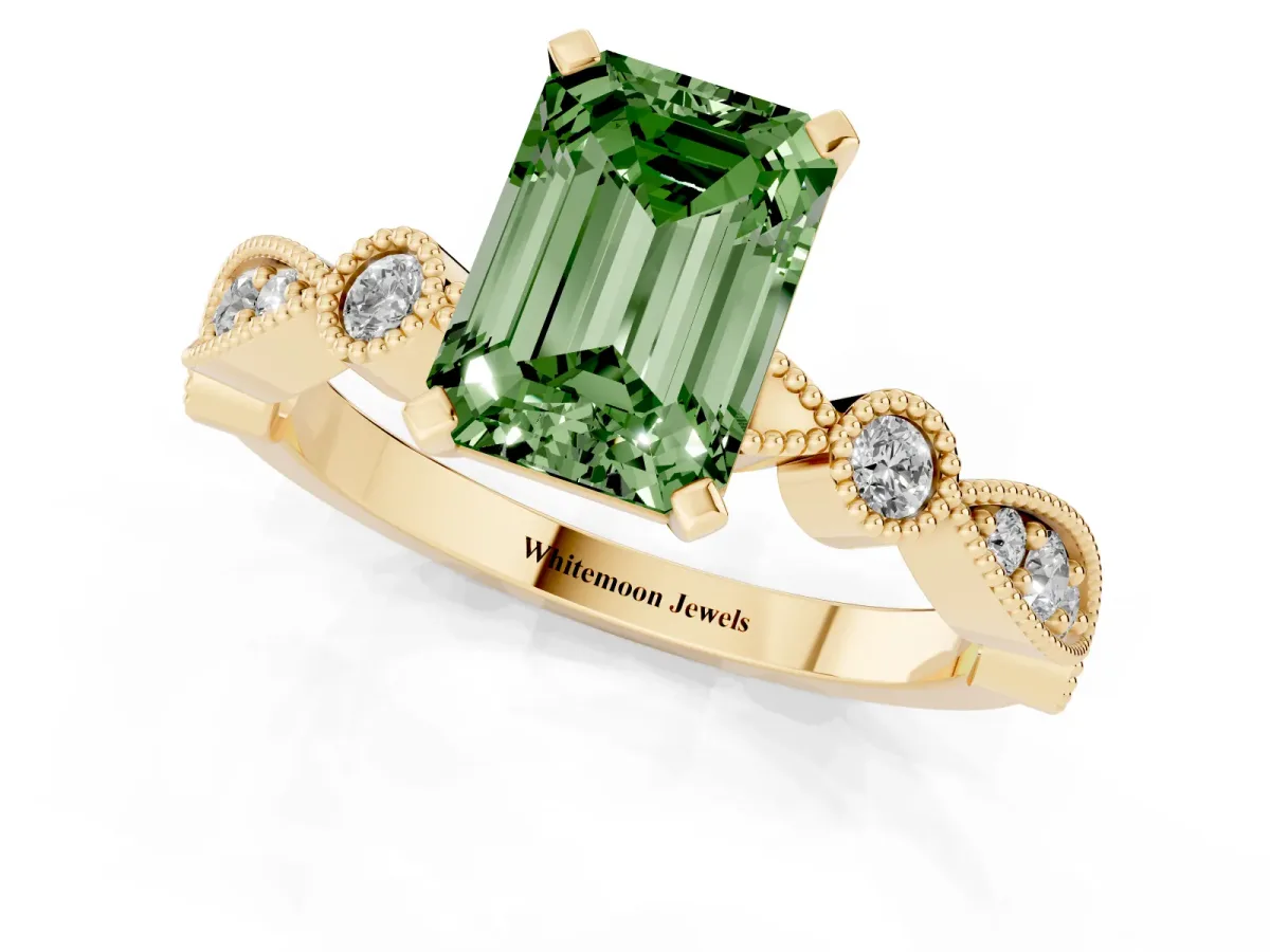 Fancy Green Emerald Cut Milgrain Bezel Diamond Engagement Ring with Solitaire Prong Setting Yellow gold
