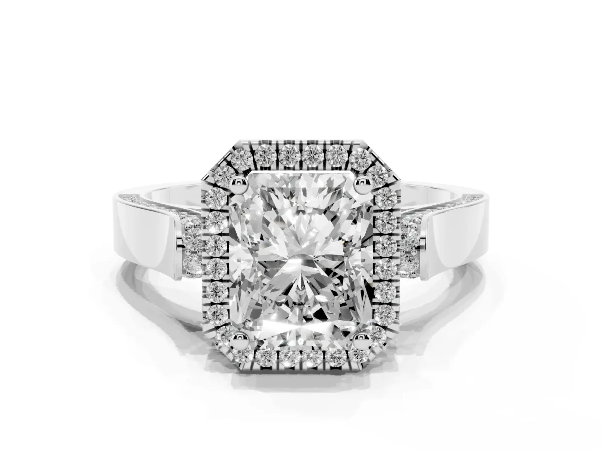 Radiant Cut Halo Pave Split Shank Prong Setting Ring Silver