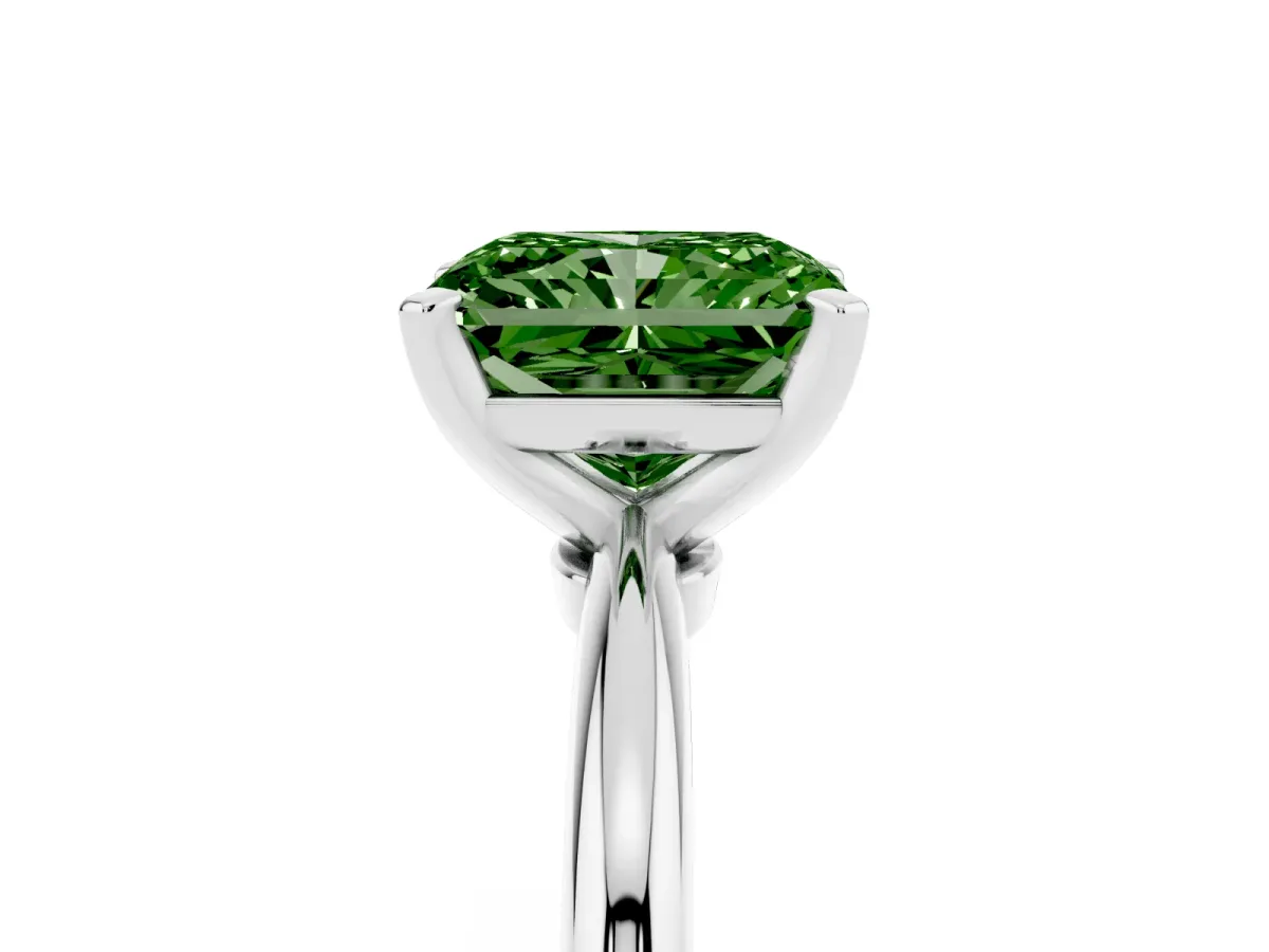 Fancy Green Radiant Cut Diamond Solitaire Ring with Prong Setting and Classic Band Silver
