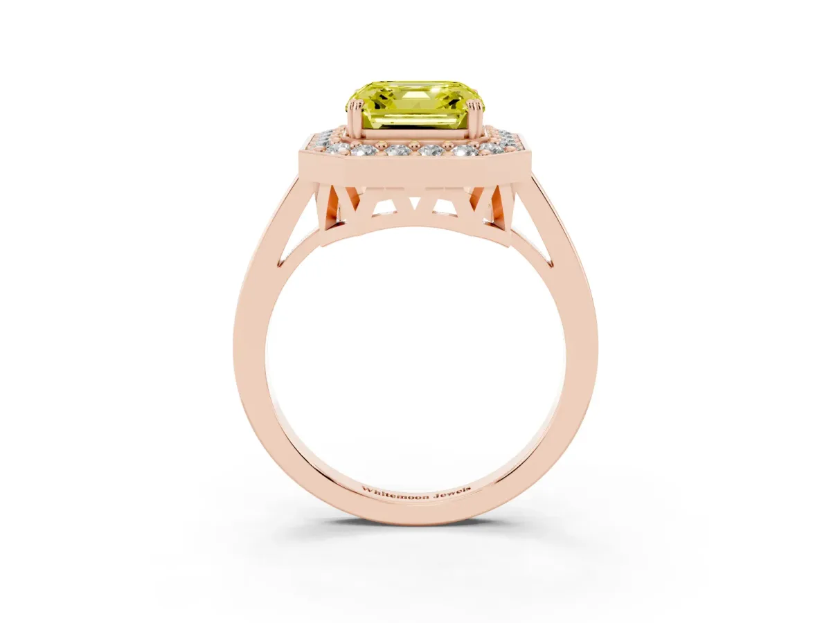Fancy Yellow Asscher Cut Diamond Halo Ring with Split Shank and Four-Prong Setting Rose gold