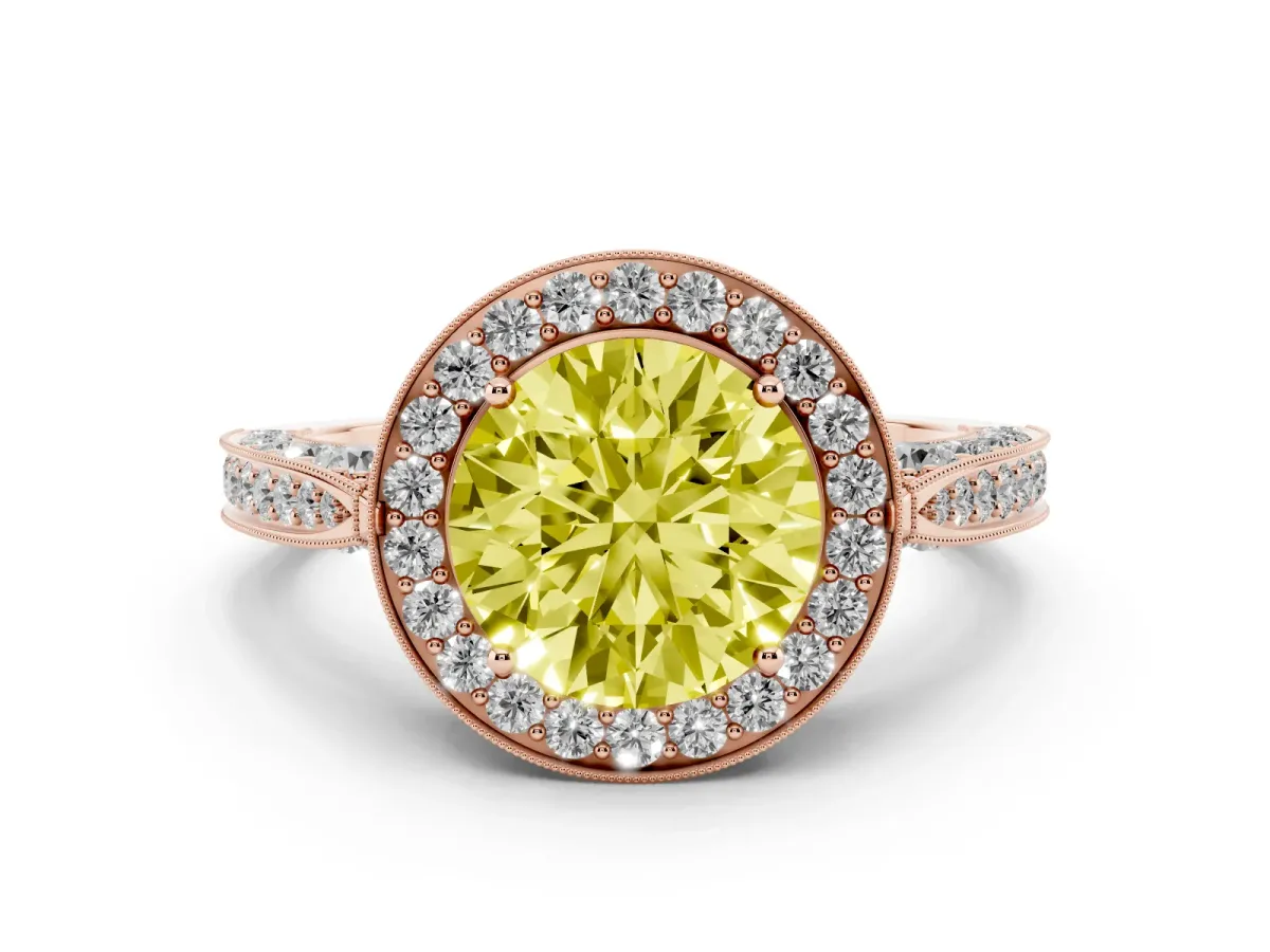 Fancy Yellow Round Cut Halo Diamond Engagement Ring with Split Shank Band and Four-Prong Setting Rose gold