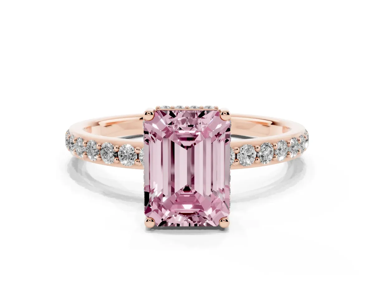 Fancy Pink Emerald Cut Diamond Solitaire Ring with Pavé Band and Hidden Halo Rose gold
