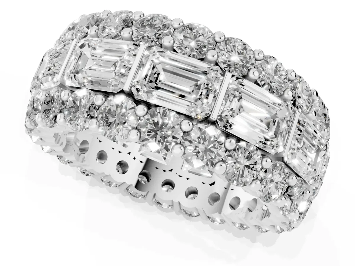 Emerald Cut and Round Diamond Three-Row Eternity Mens Band Platinum