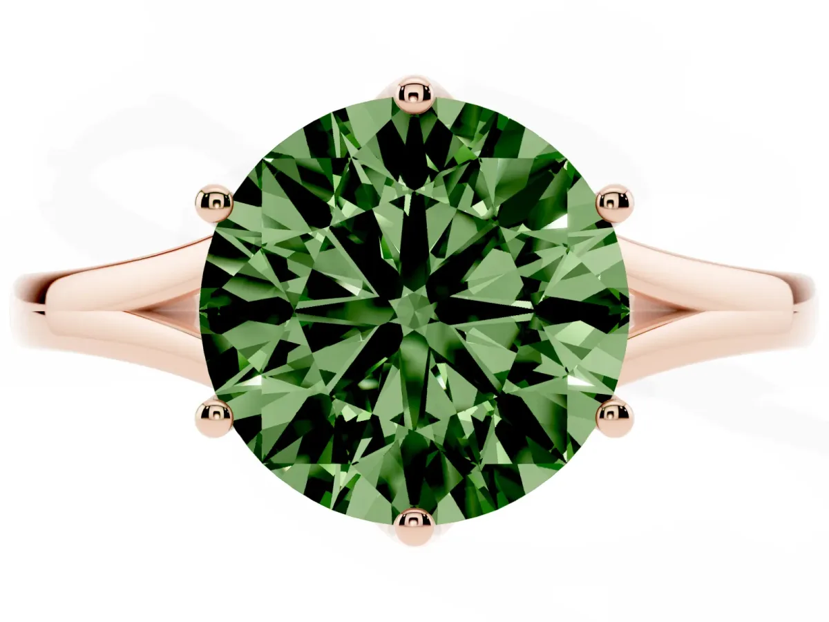Fancy Green Round Cut Solitaire Diamond Ring with Six-Prong Setting and Tapered Band Rose gold