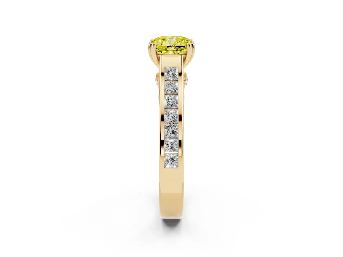 Fancy Yellow Cushion Cut Cut Channel Set Solitaire Engagement Ring with Prong Setting Yellow gold