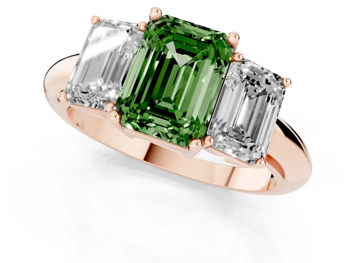 Fancy Green Three-Stone Emerald Cut Cut Diamond Engagement Ring with Prong Setting on a White Gold Band Rose gold