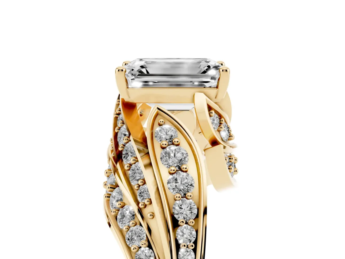 Emerald Cut Diamond Solitaire Ring with Prong Setting and Twisted Pavé Band Yellow gold