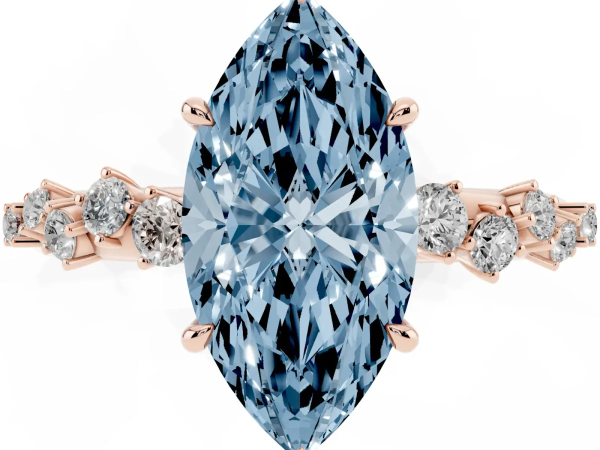Fancy Blue Marquise Cut Diamond Cluster Side Stone Solitaire Ring with Prong Setting Rose gold