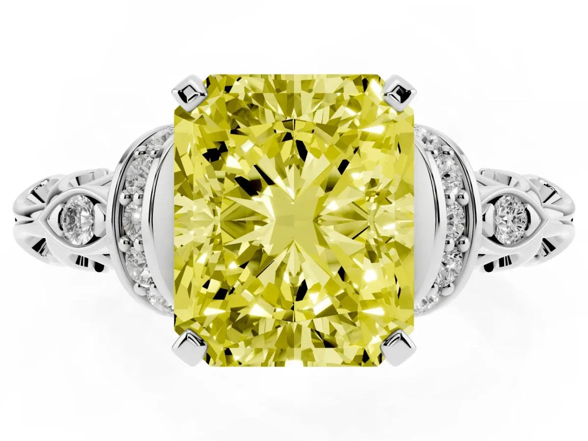 Fancy Yellow Radiant Cut Diamond Solitaire Ring with Filigree Band and Four-Prong Setting Silver
