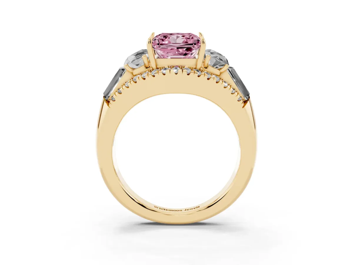 Fancy Pink Three-Stone Princess Cut Diamond Engagement Ring with Pave Band and Prong Setting Yellow gold