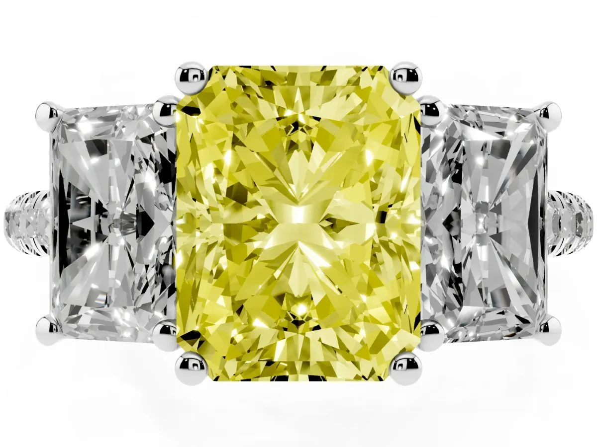 Fancy Yellow Three-Stone Radiant Cut Diamond Ring with Round Pavé Band and Prong Setting Silver