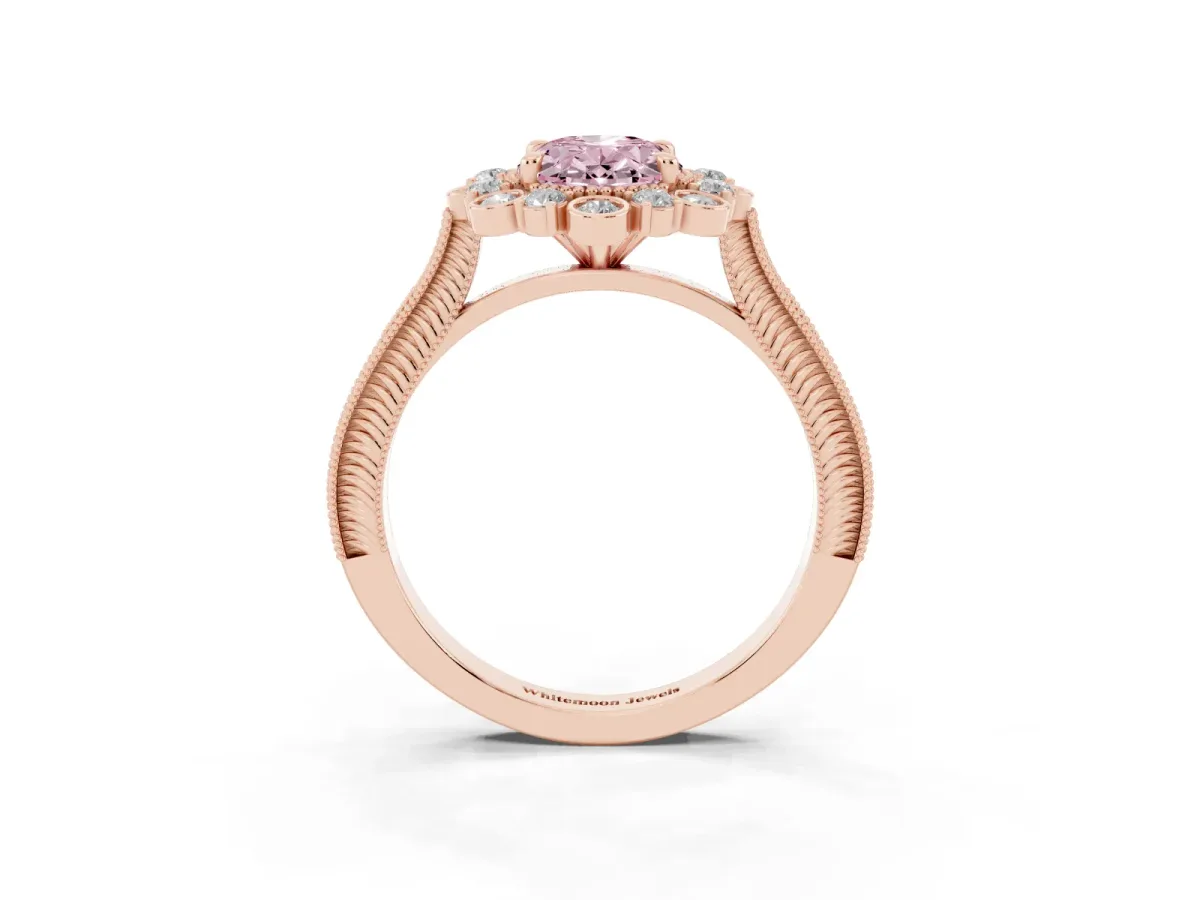 Fancy Pink Oval Cut Halo Milgrain Pave Diamond Ring with Four-Prong Setting Rose gold
