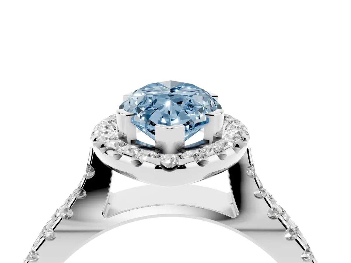 Fancy Blue Marquise Cut Diamond Halo Ring with Split Shank Pavé Band and Prong Setting Silver