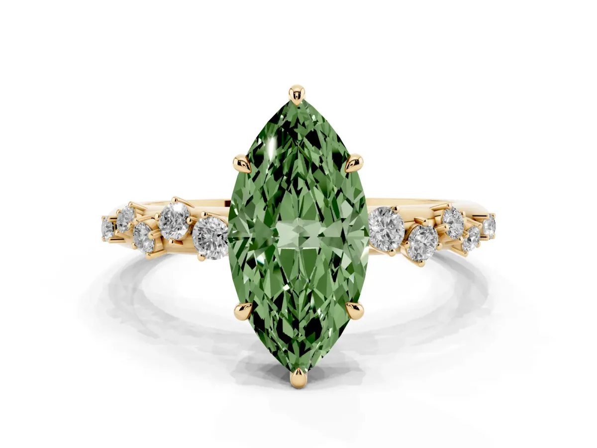 Fancy Green Marquise Cut Diamond Cluster Prong-Set Solitaire Ring Yellow gold