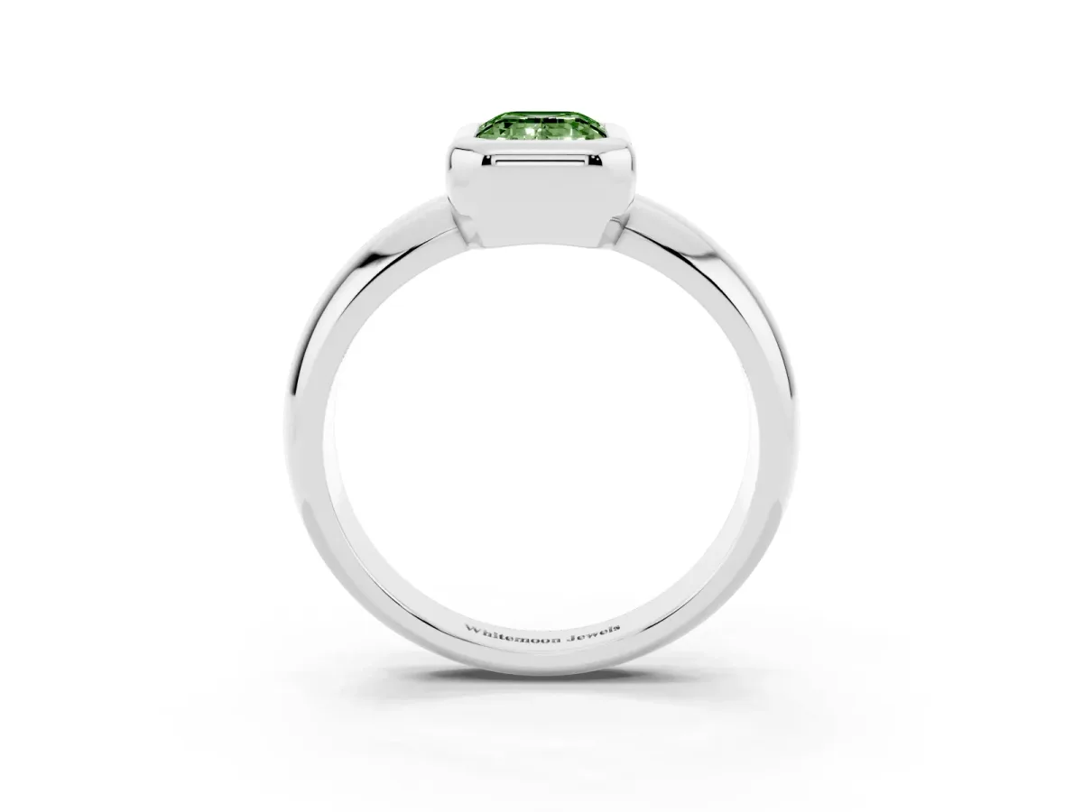 Fancy Green Bezel Set Emerald Cut Solitaire Ring with Wide Band Platinum