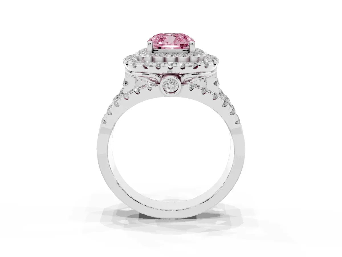 Fancy Pink Cushion Cut Diamond Double Halo Ring with Round Pavé Split Shank and Prong Setting Silver