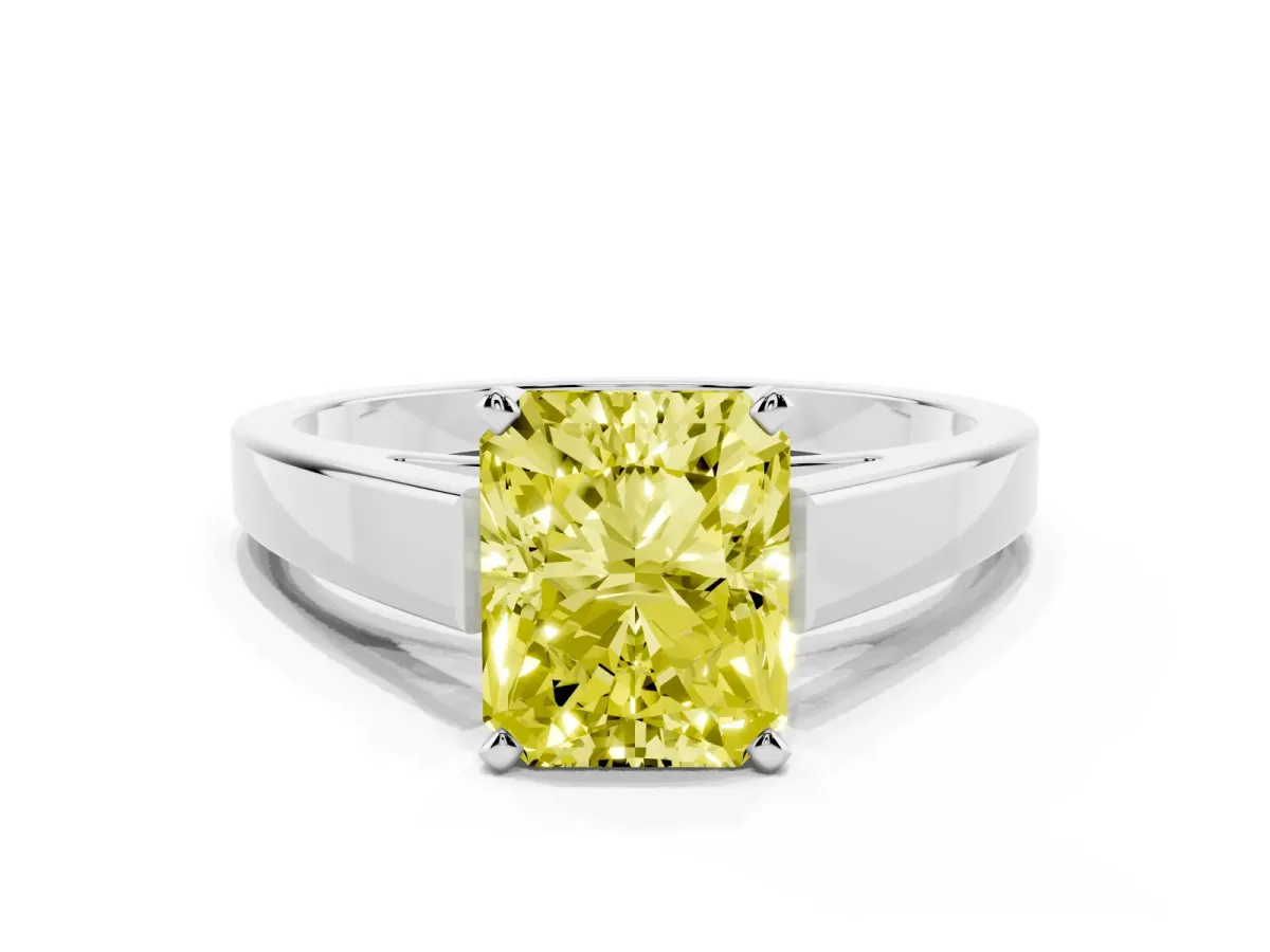 Fancy Yellow Radiant Cut Solitaire Engagement Ring with Four-Prong Setting and Tapered Band Silver