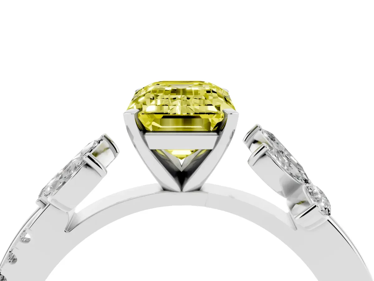 Fancy Yellow Emerald Cut Diamond Floral Vine Solitaire Engagement Ring Platinum